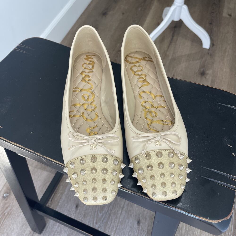 Sam Edelman Monet Ballet Flats SZ 10.5 Tan Gold Studded Summer Sand Nude Bow Log - Picture 3 of 12